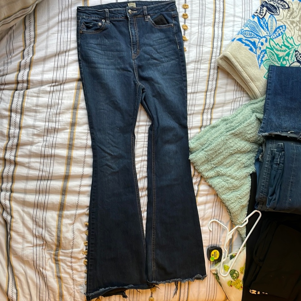 Dark wash gray hem flare jeans